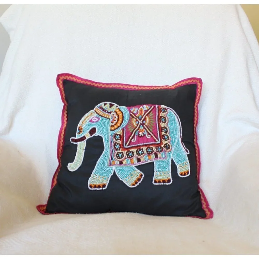 Atira Designs elephant handmade beaded pillow colorful animal safari made India